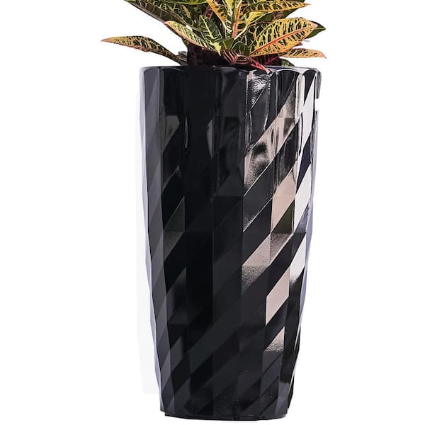 XBRAND 30 in. H Black Plastic Self Watering Indoor Outdoor Diamond-Look Round Planter Pot, Tall Decorative Gardening