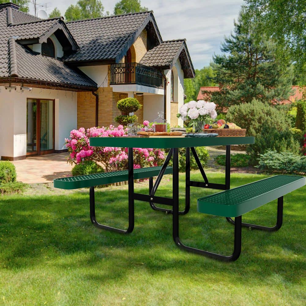 Outdoor 48 in. Thermoplastic Coated Rectangle Steel Picnic Tables 4-Person with Umbrella Hole, Patio Dining Table, Green price history on PriceWatchPro