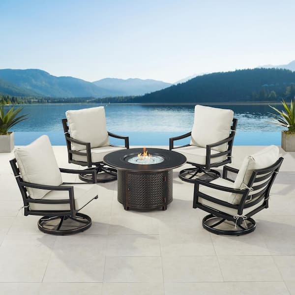 Oakland Living Black 7-Piece Aluminum Patio Fire Pit Set with 4-Club Chairs Light Grey Cushions