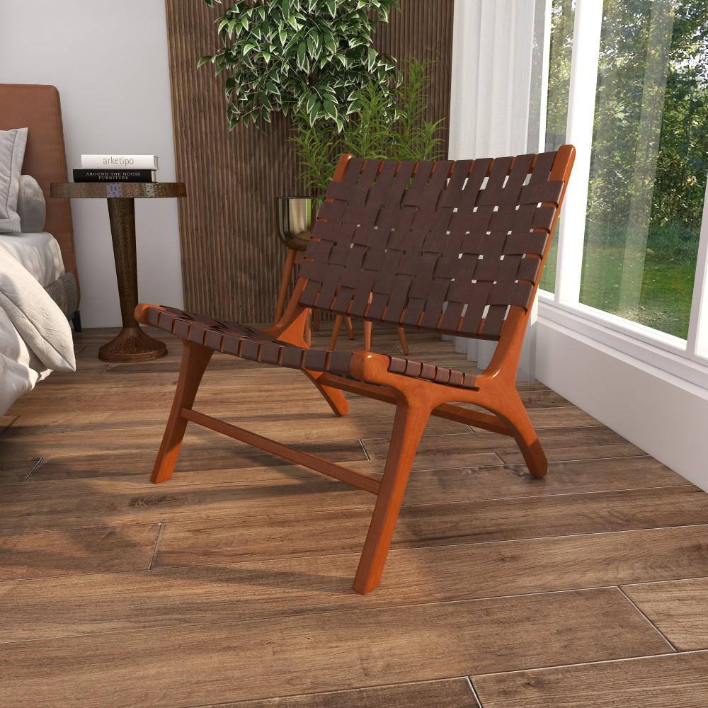 Handcrafted Brown Leather and Wood Slipper Chair