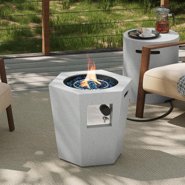 UPHA 24 in. 40,000 BTU Off-White Hexagon Geometric Terrazzo Outdoor Propane Gas Fire Pit Table with Propane Tank Cover