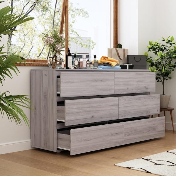 FUFU&GAGA 6-Drawers Brown Wood Chest of Drawer Dresser Cabinet Organizer 59 in. W x 15.7 in. D x 32.3 in. H