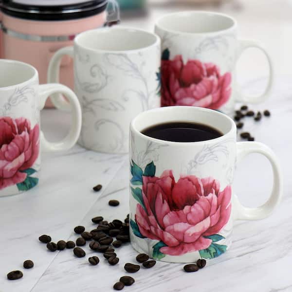 Peony 4-Piece 16 Ounce Fine Ceramic Mug Set in White and Pink