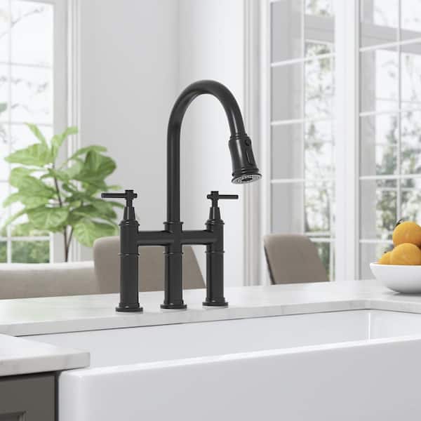 Double Handle Bridge Kitchen Faucet with Pull-Down Spray Head in Spot in Matte Black