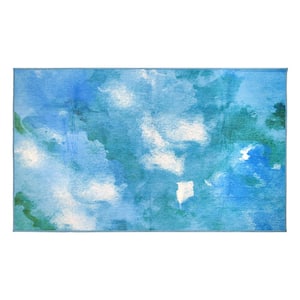 Watercolor Aqua Blue 3 ft. x 5 ft. Abstract Washable Area Rug