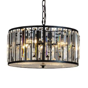 15.75 in. 4-Light Modern Farmhouse Matte Black Lantern Drum Chandeliers Pendant Ceiling lighting with Crystal Shade