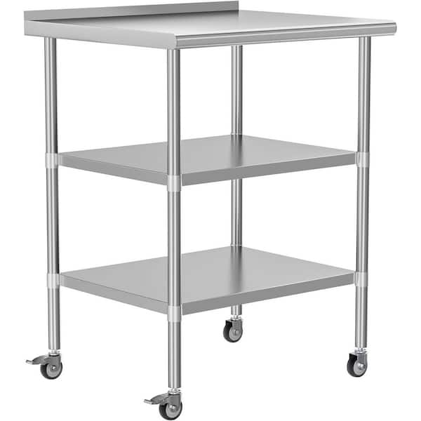 Stainless Steel Table, Metal Work Table with 2 Adjustable Undershelves and Backsplash Wheels for Kitchen in Silver