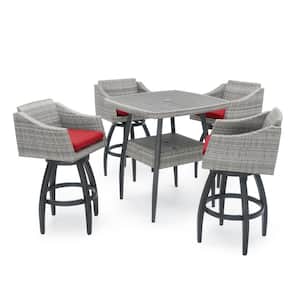 Cannes 5-Piece Wicker Outdoor Bar Height Dining Set with Sunbrella Sunset Red Cushions