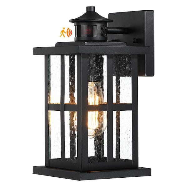 1-Light Black Motion Sensing Dusk to Dawn Outdoor Hardwired Wall Lantern Scone with Clear Seeded Glass, No Bulb Included