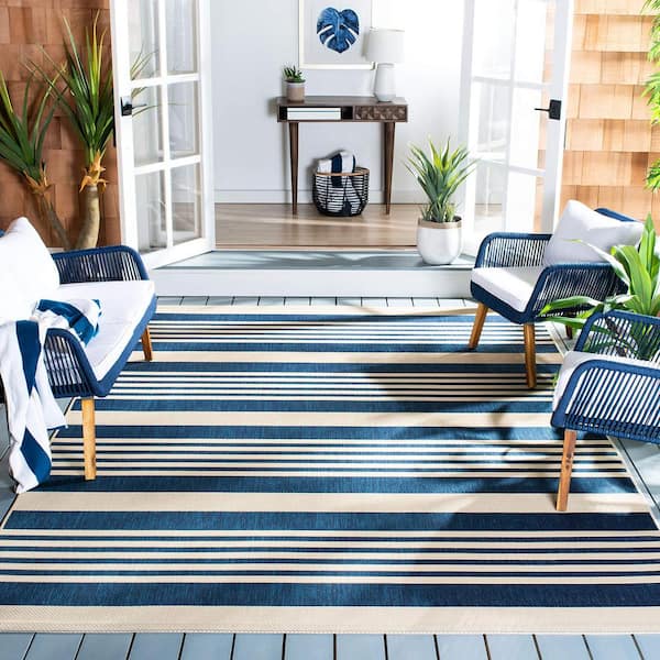 Navy Polypropylene 8 ft. x 10 ft. Striped Indoor/Outdoor Area Rug
