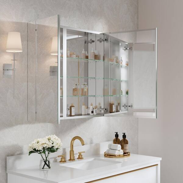 ROSA 32 in. W x 30 in. H Rectangular Recess/Surface Mount Aluminum Medicine Cabinet with Mirror, Tri-View, Blum Hinges