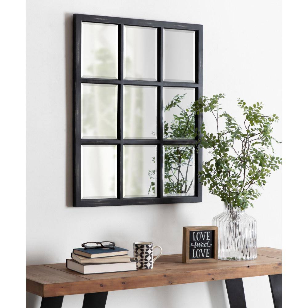 Distressed Black Wood 9-Pane Windowpane Wall Mirror 26x32