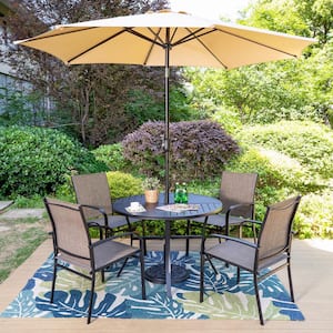 Black 6-Piece Metal Slat Round Table Patio Outdoor Dining Set with Brown Textilene Chairs and Umbrella