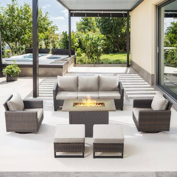 U-Weave 6-Piece Brown Wicker Outdoor Rectangular Fire Pit Conversation Set with Beige Cushions and Swivel Rocking Chairs
