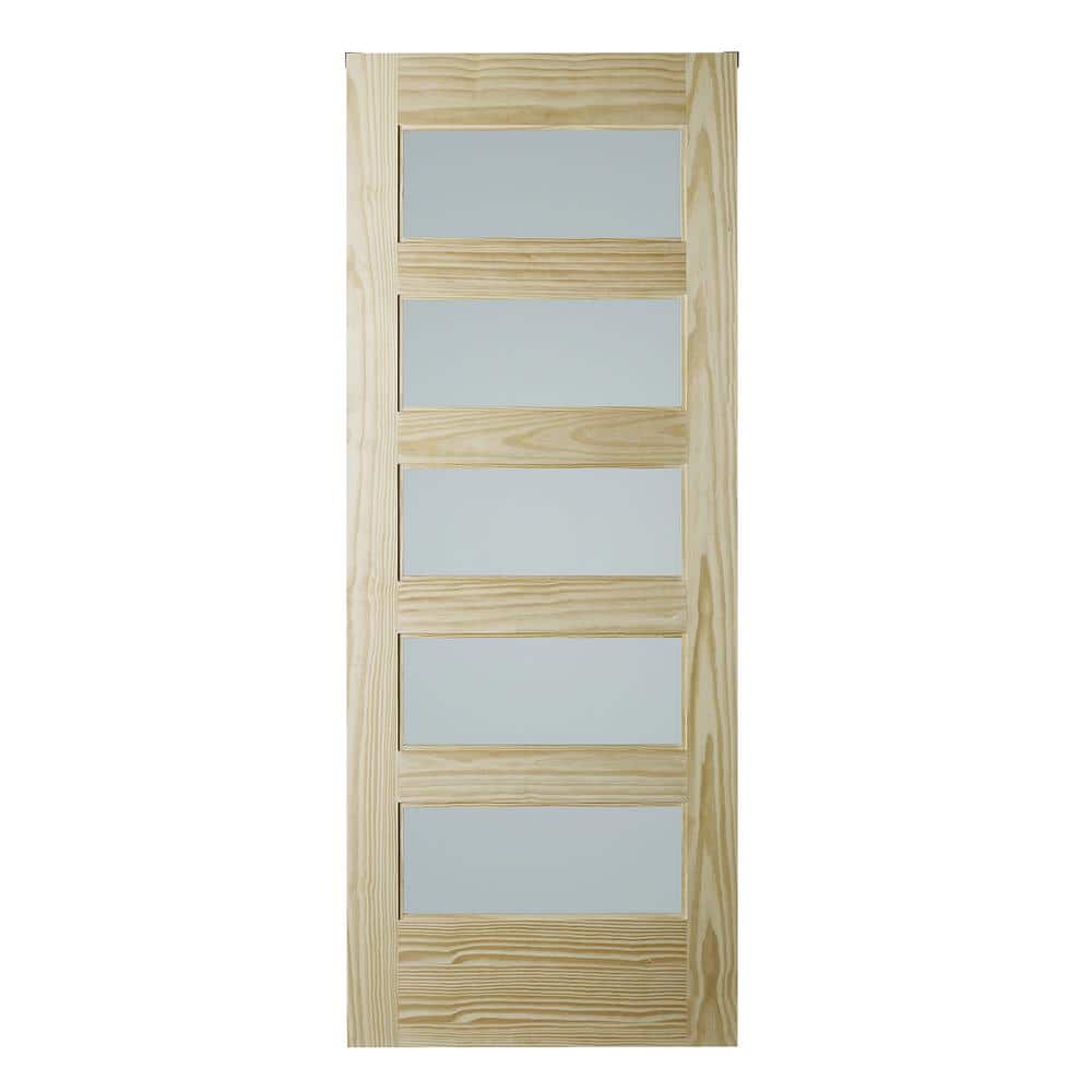 33 in. x 84 in. Unfinished Clear Pine 5-Lite Frosted Interior Barn Door Sla