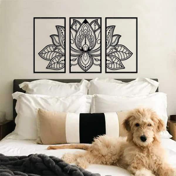 3-Pack Large Lotus Flower Series 17 in. x 10 in. Black Mandala