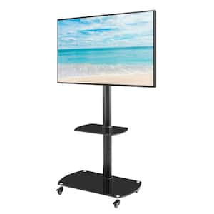 Multifunction Height & Angle Adjustable Mobile TV Stand in Black for 32in-65in TV's with Lockable Wheels, 3Glass Shelves