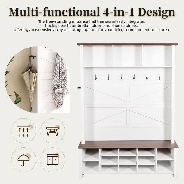 Harper & Bright Designs White 4-in-1 Farmhouse Hall Tree with 6