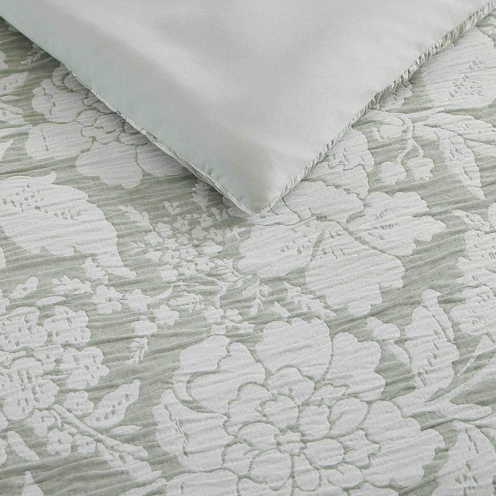 Sage Green Floral Reversible Full Bedding Set with Matelasse Weave