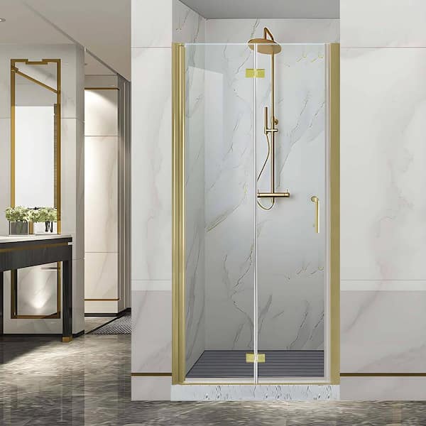 Lonni 34-35.5 in.W x 72 in.H Bi-Fold Frameless Shower Door with 1/4 in Clear SGCC Tempered Glass and Brushed Gold Finish