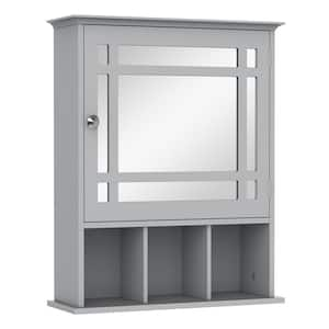 19 in. W x 24 in. H Rectangular Wood Medicine Cabinet with Mirror in Gray, Wall Mounted Mirror Cabinet with Door&Shelves