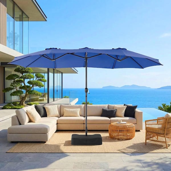 Large 15 ft. Metal Crank Lift Self-Locking Market Patio Umbrella with Base Included in Navy Blue for Rectangle Table