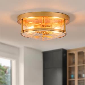 Lumin 11.8 in. 2-Light Gold Flush Mount with Drum Seeded Glass Shade Dimmable Ceiling Light