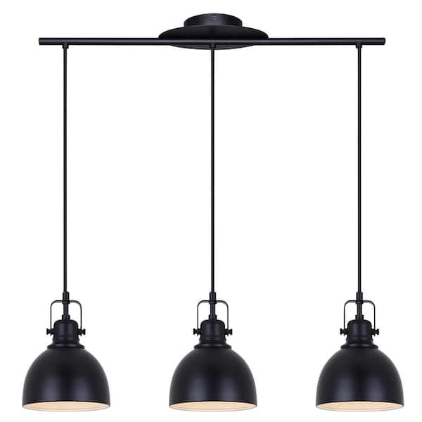 CANARM Polo 60-Watt 3 Light Matte Black Chic Pendant Light with Black Metal Shade