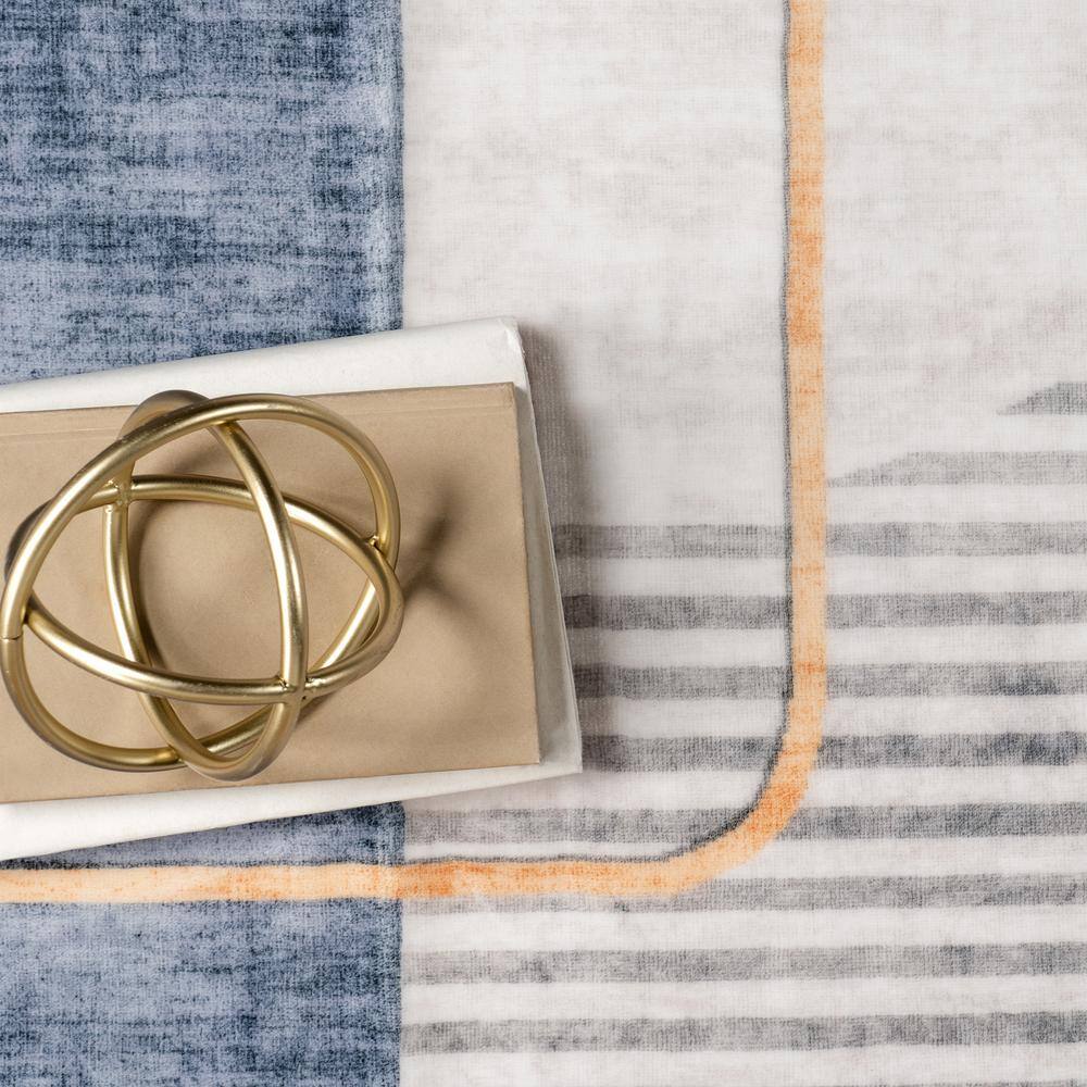 Modern Abstract Blue and Beige Washable Area Rug