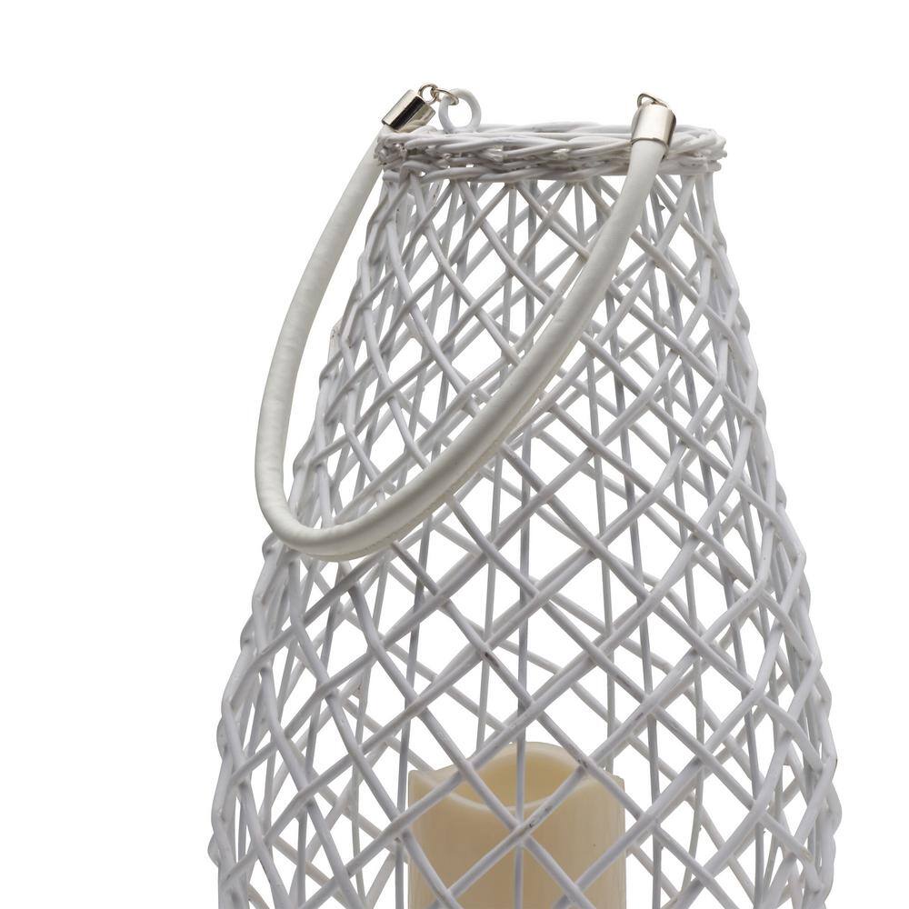 White Wicker Pear Shaped Lanterns with LED Candles, Set of 2