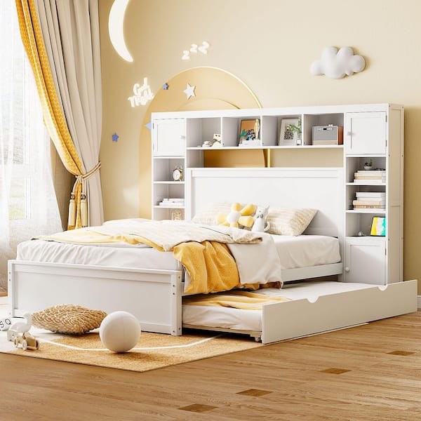 Simona White Wood Frame Queen Size Platform Bed with All-in-One Cabinet, Shelf, Sockets, Drawers, Trundle
