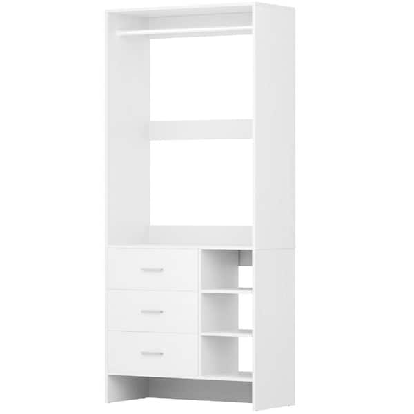 2.5FT Wood Closet Organizer System with 3 Drawers and Hanging Rods, Walk-in or Small Closet System, White