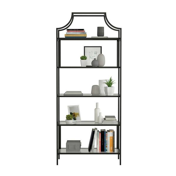 5 Shelf Bookcase With Glass Shelves, Black Metal Bookcase With Glass Shelves