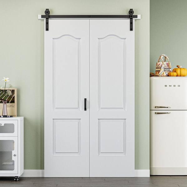 48 in. x 84 in. Paneled 2-Lite White Primed MDF Composite Bi-fold Sliding Barn Door with Hardware Kit and Handle