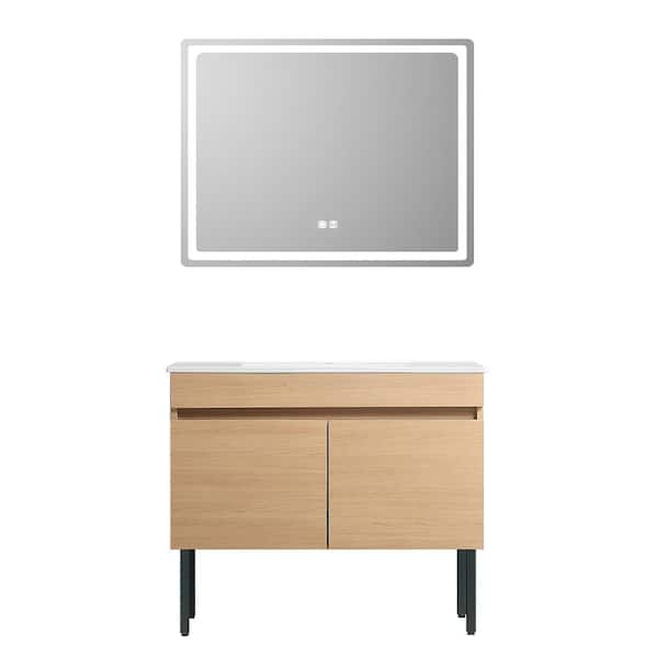 Unbranded 35.82 in. W x 18.30 in. D x 19.68 in. H Single Sink Floating Bath Vanity in Light Oak with White Ceramic Top and Mirror