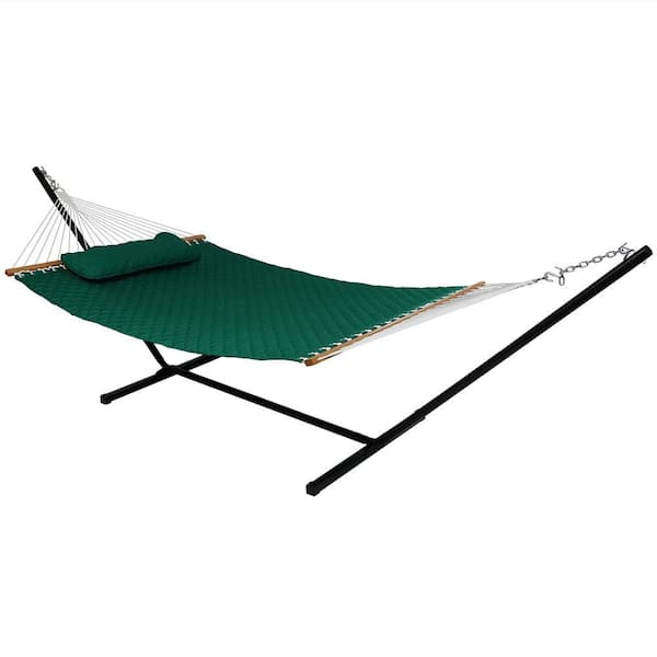 Sunnydaze 10-3/4 ft. Quilted Double Fabric 2-Person Hammock with Spreader Bars Pillow and Stand in Green