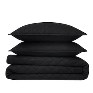 3-Piece Black Solid Cotton Percale Full/Queen Quilt Set