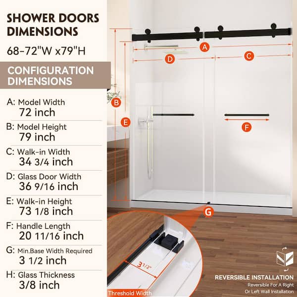 Gst 68-72 in. W x 79 in. H Frameless Double Sliding Shower Door with Soft Close in Matte Black 3/8 in. Tempered Glass