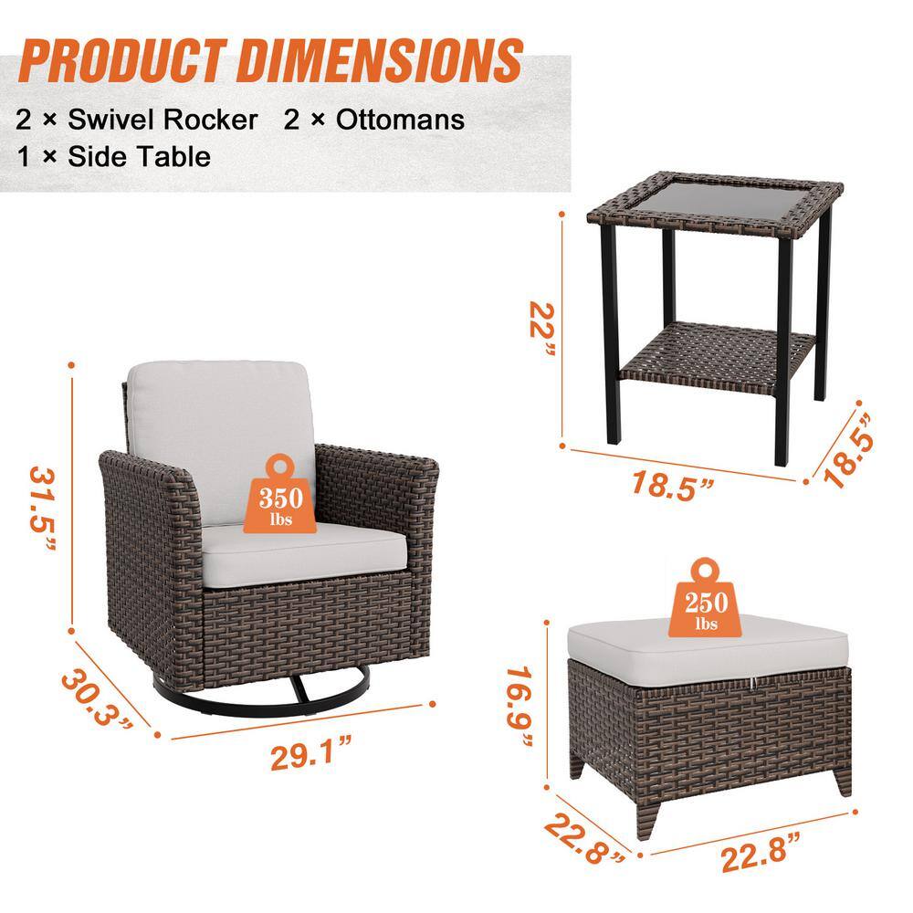 5-Piece Beige Cushioned Brown Wicker Outdoor Conversation Set