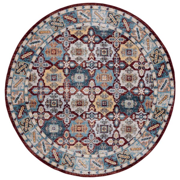Bayside Blue/Red 7 ft. x 7 ft. Machine Washable Border Plaid Round Area Rug