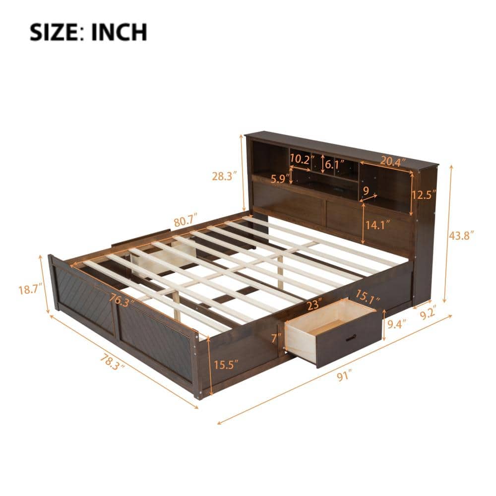 Diagram showing the dimensions of the dark brown wood platform bed in inches.