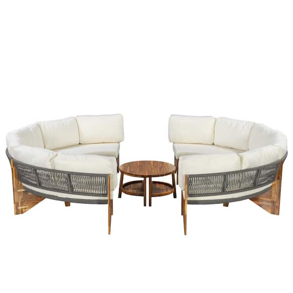 3-Piece Semi-Circle Outdoor Sofa Set for 6, 2 Curved Sofas and Acacia Wood Coffee Table for Patio