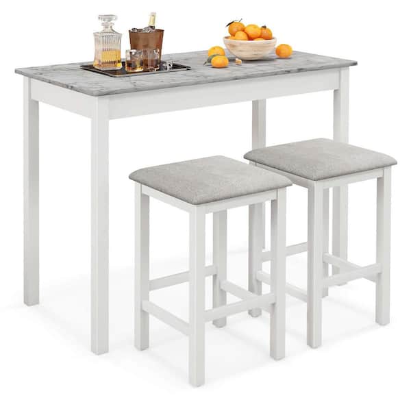 Costway 3-Piece White MDF Top Bar Table Set Dining Table and 2 PVC Leather Upholstered Bar Stools Seats 2
