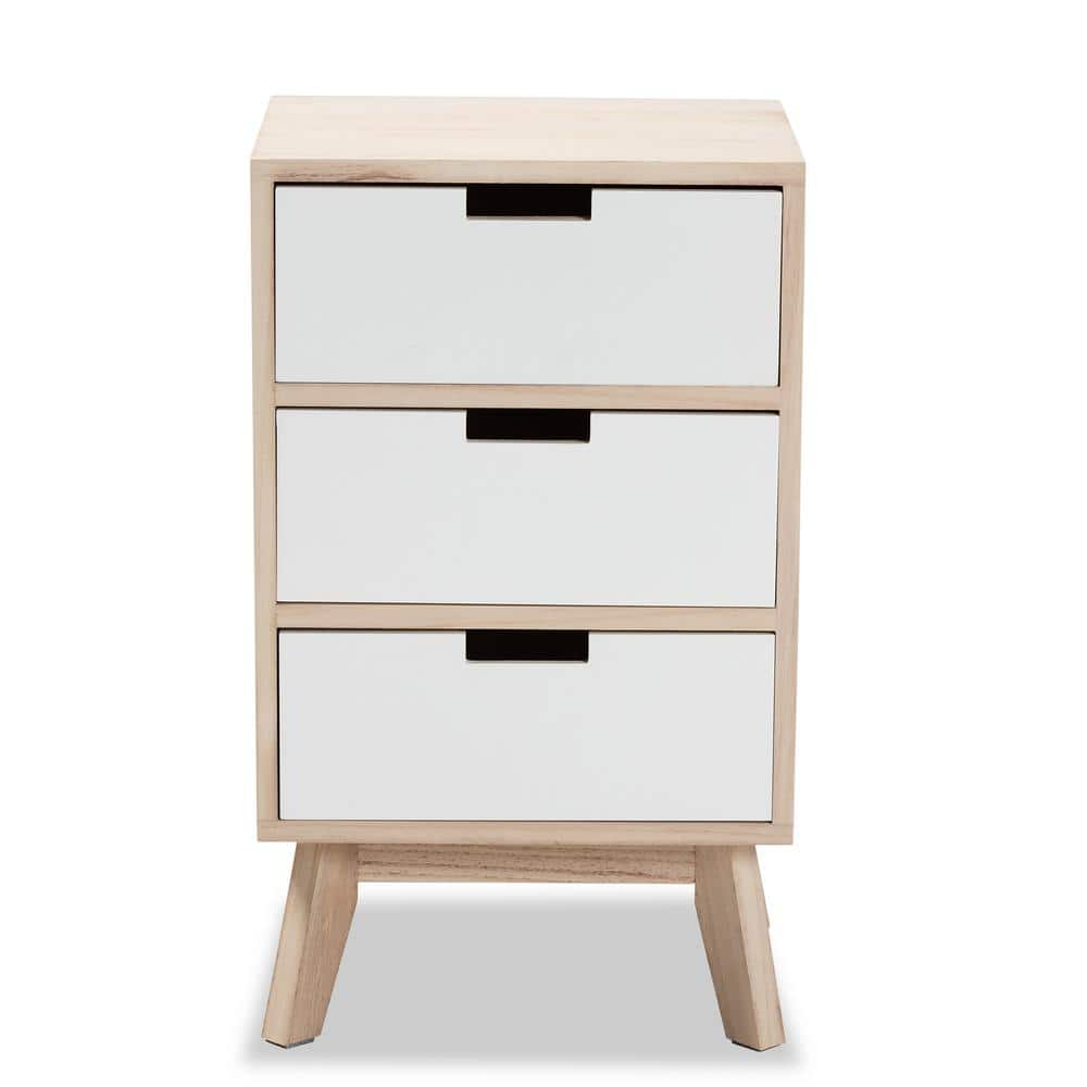 Baxton Studio Halian 3 Drawer White and Natural Brown Nightstand