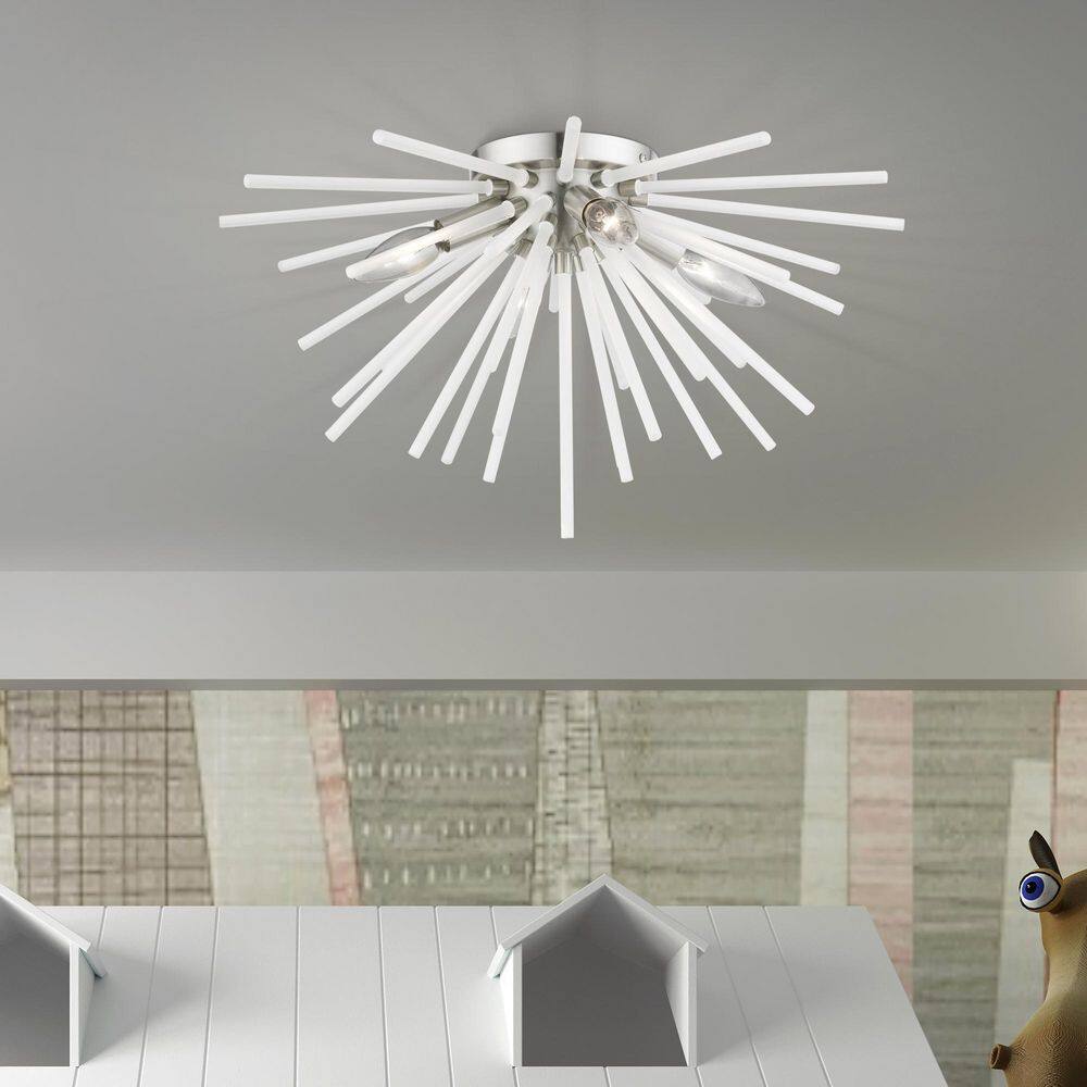 Modern Uptown 4-Light Brushed Nickel Flush Mount with Acid Etched Rods