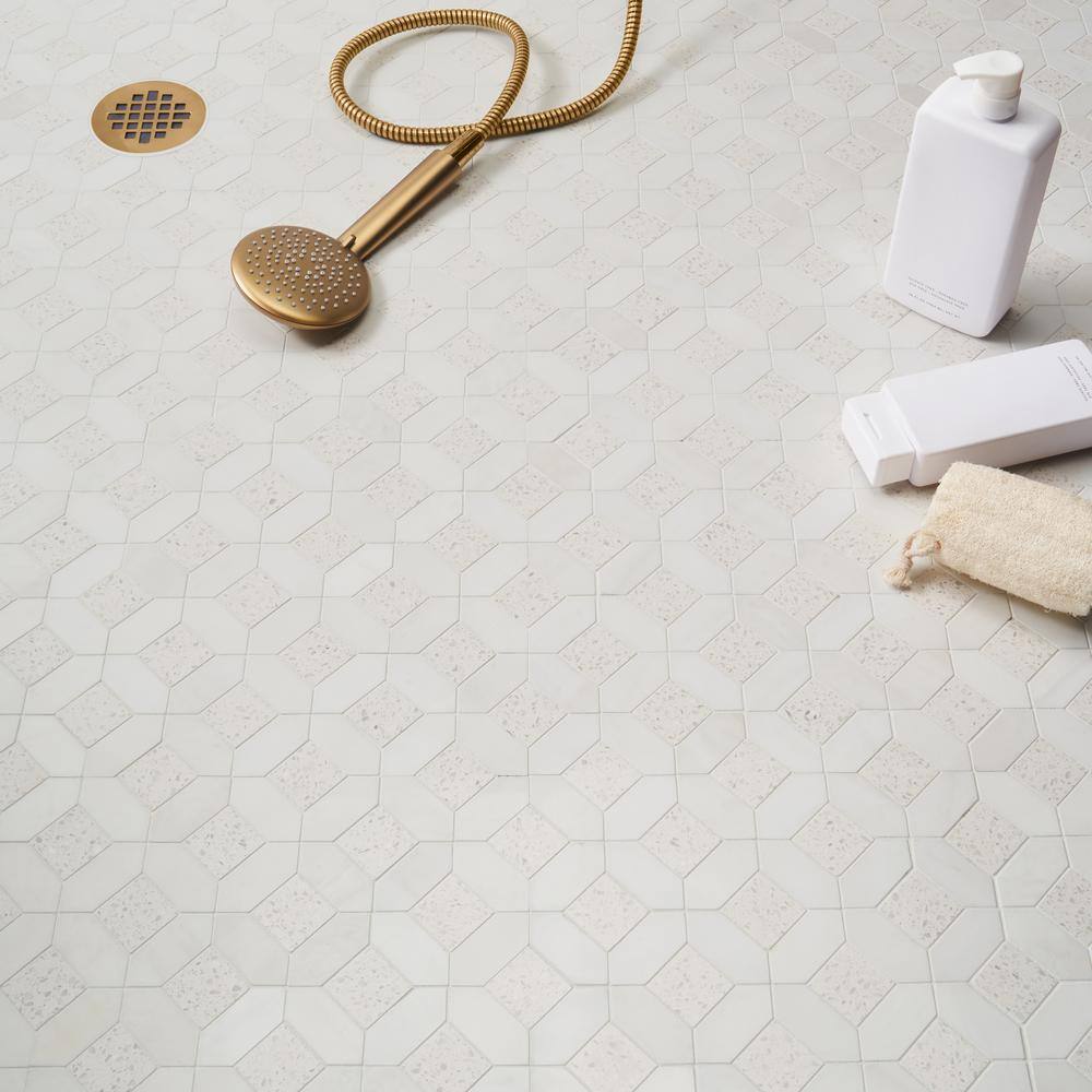 Salt White Polished Marble and Terrazzo Mosaic Tile Sheet