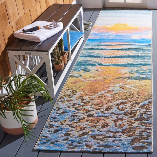 Barbados Gold/Blue 3 ft. x 10 ft. Runner Novelty Beach Indoor/Outdoor Area Rug