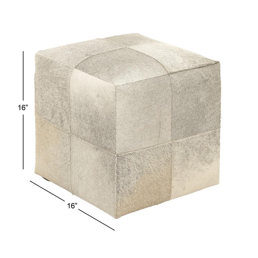 Contemporary Gray Cowhide Patchwork Pouf Ottoman, 16" Cube