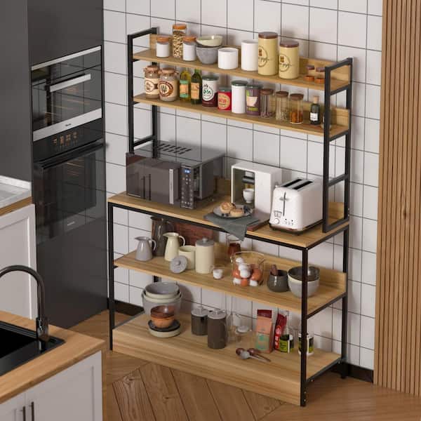 FUFU&GAGA 15.7 in. D Black Wood 5-Tiers Standing Baker's Racks with Storage Shelves Metal Frame Kitchen Organizer Rack
