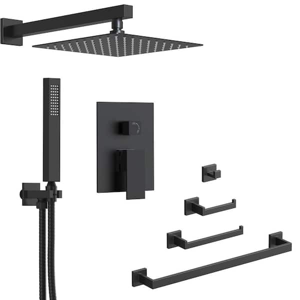 Pressure Balance 2-Spray 10in. Dual Wall Mount Fixed and Handheld Shower Head 2.5GPM with Towel Rack Set in Matte Black